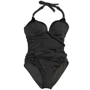 NEW Victoria Secret Bathing Suit One Piece Black Ruched Halter Swimsuit Beach